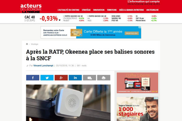 « Après la RATP, Okeenea place ses balises sonores à la SNCF » – Acteurs de l’économie – La Tribune parle de nous !